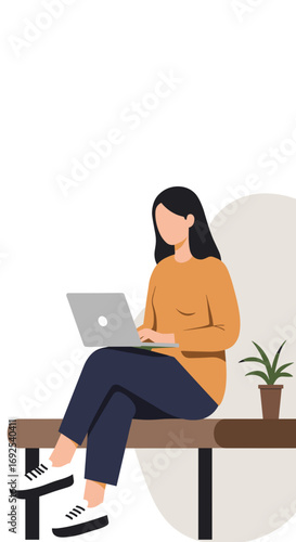 Illustration of a woman working on her laptop in a casual modern environment. Represents remote work, online learning, or freelance productivity.