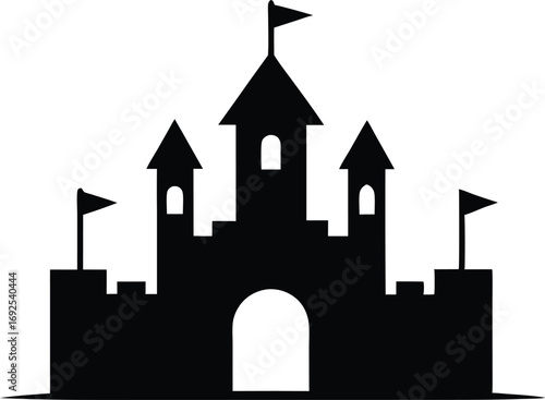 Castle with Tower and Flags Silhouette Vector, Medieval Fortress Icon