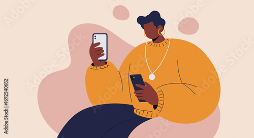 Modern illustration of a person engaging with two smartphones simultaneously, representing digital communication, multitasking, and connected lifestyle in today's tech-driven world.