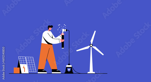 Person harnessing clean energy from solar panels and a wind turbine, symbolizing sustainable power and environmental responsibility. Ideal for business and ecological concepts.
