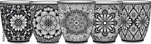 Floral mandala flower pots set, decorative ceramic planters, black and white intricate pattern, boho home decor, ornamental vector art