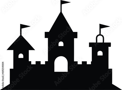 Castle with Tower and Flags Silhouette Vector, Medieval Fortress Icon