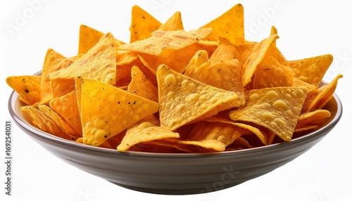 a bowl filled with nachos chips arranged in a circle isolated on white background