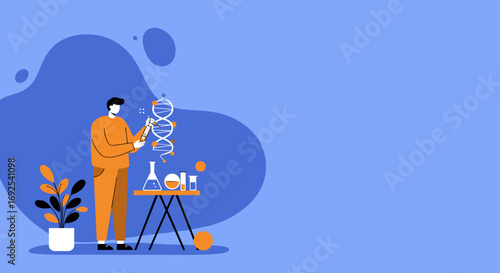 Scientist conducting genetic research, examining DNA structure with lab equipment. Represents scientific discovery, biotechnology, and healthcare innovation.