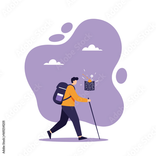 Man with backpack and walking stick finds financial wisdom in a glowing open book, symbolizing investment in education for future wealth. Ideal for business, education, or travel concepts.