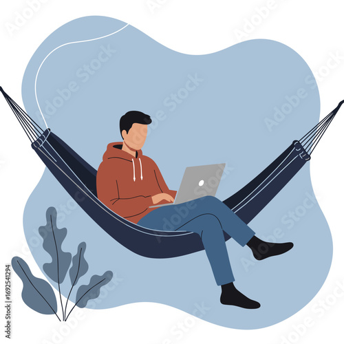 Young man working remotely on a laptop in a hammock, embodying flexible work, relaxation, and modern lifestyle. Ideal for business, travel, and leisure concepts.