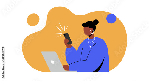 Person engaged with smartphone and laptop, illustrating online communication, content creation, or multitasking in a digital world. Modern lifestyle and technology.