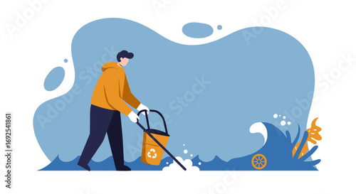 Dedicated person cleaning polluted water with a recycling bin, promoting ocean conservation, environmental protection, and a sustainable lifestyle.