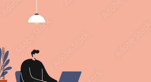 A man works remotely on his laptop at home, representing modern business, remote work, education, and digital lifestyle.