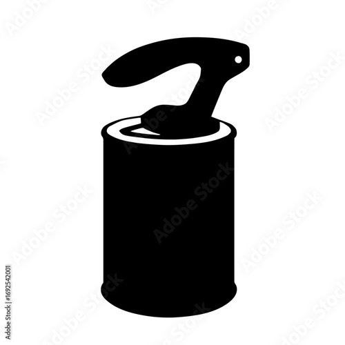 Minimalist black silhouette of a can opener with rotating handle and cutting wheel