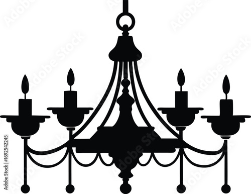 French Chandelier Silhouette Vector, Elegant Black Crystal Light Fixture