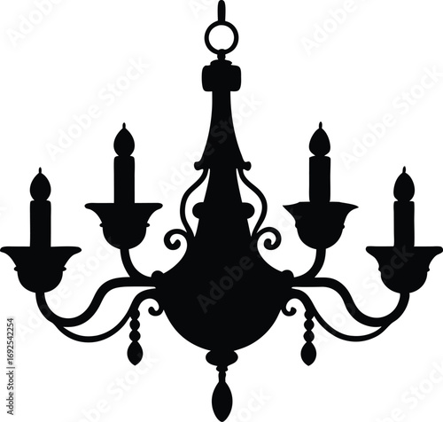French Chandelier Silhouette Vector, Elegant Black Crystal Light Fixture