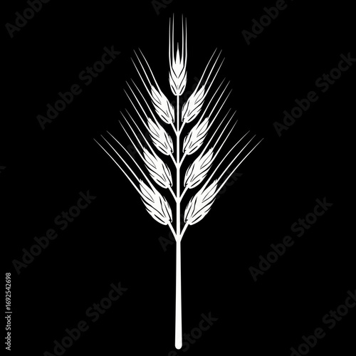 Minimalist stylized white grain stalk on black, symbolizing agriculture, harvest, food, and natural abundance.