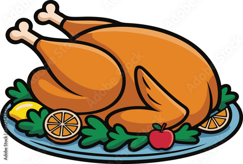 Cartoon illustration of a delicious roasted turkey on a platter with garnishes