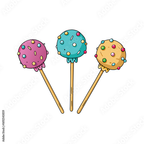 Colorful cake pops with candy coating and sticks on a clean white background vector illustration