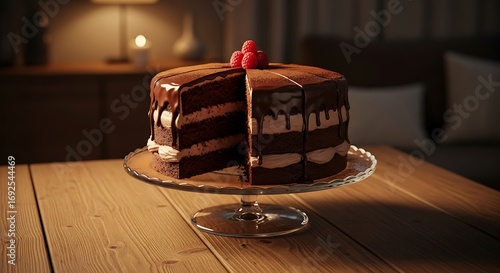 Delicious Chocolate Cake with Raspberries on a Glass Stand.