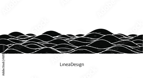 Abstract black and white wavy lines create a dynamic, rhythmic pattern.