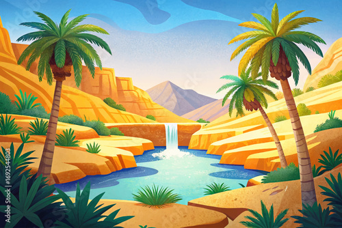 Hidden canyon oasis in Middle East desert vector, palm trees, water source, rare natural refuge