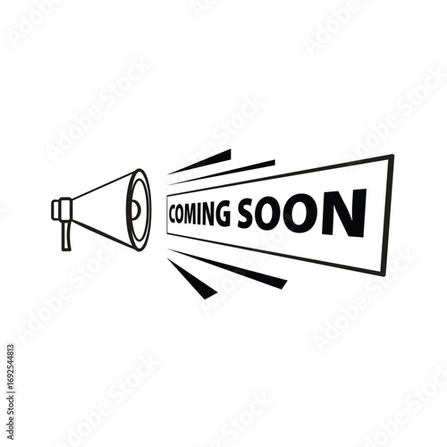 Black and white coming soon banner with loudspeaker and dynamic streaks, clean outline vector for marketing teaser graphics