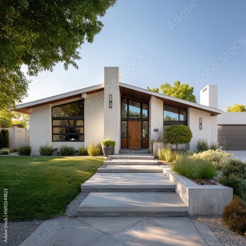 Mid-century modern inspired home with light stucco and clear lines in daylight