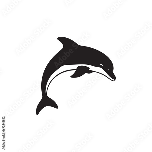 A stylized black and white illustration of a happy, jumping dolphin in a graceful arc.