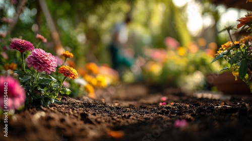pink chrysanthemum flower garden bed soil bokeh nature macro background autumn