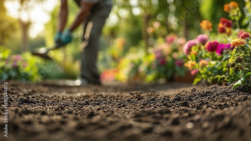 macro garden soil with seedlings cyclamen flowers bokeh sunlight nature background