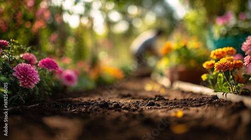 garden flowers blooming in sunlit soil bokeh nature background macro photography