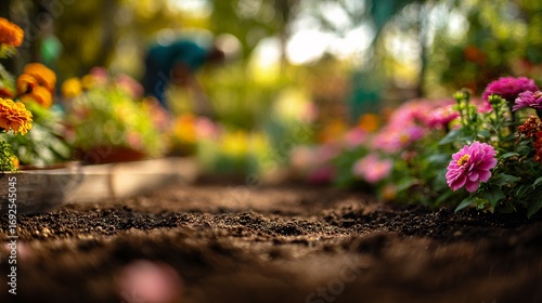 close up garden soil background with blurred colorful flowers bokeh nature macro photography