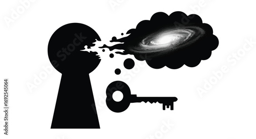 Key unlocking imagination, releasing a galaxy of ideas from a silhouette head.