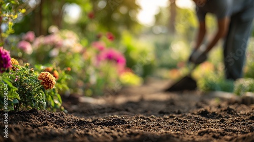 gardening soil preparation with pink flowers petunias in garden bed planting season spring background blurred