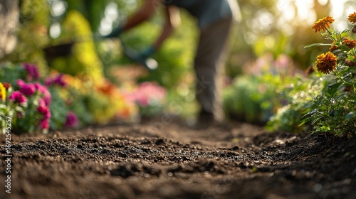 garden soil closeup with blurred flowers background macro gardening planting spring season