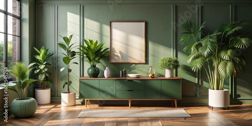 Serene Living Room Decor Featuring Lush Greenery and a Modern Green Console Table with a Blank Canvas for Artwork