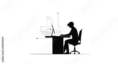 Person wearing VR headset immersed in digital world at desk