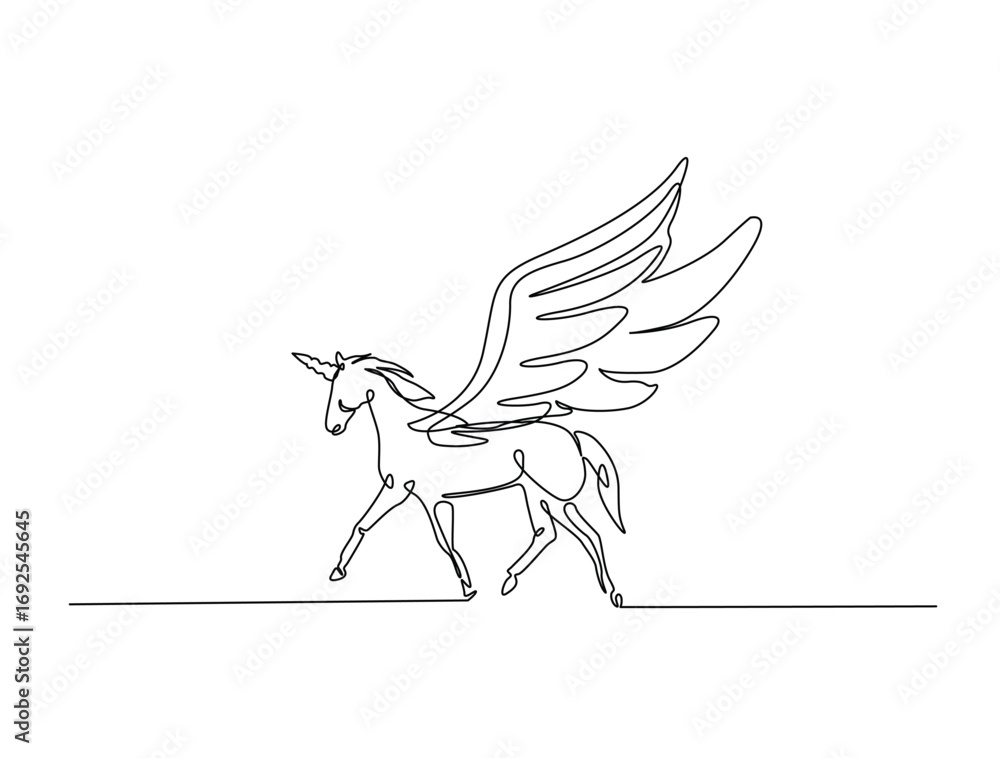 Fototapeta premium Continuous line art drawing of unicorn with horn. Unicorn in single line art drawing vector illustration. Editable stroke.