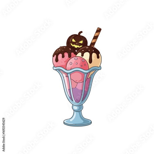 Cartoon illustration of a Halloween-themed ice cream sundae with scoops, chocolate drizzle, a pumpkin candy, and a wafer stick in a glass.