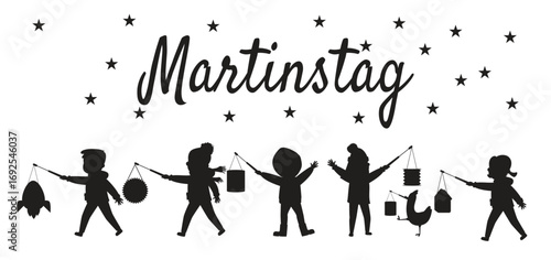 Silhouette kids parade with lanterns under stars, Martinstag lettering above, playful procession graphic for autumn festival
