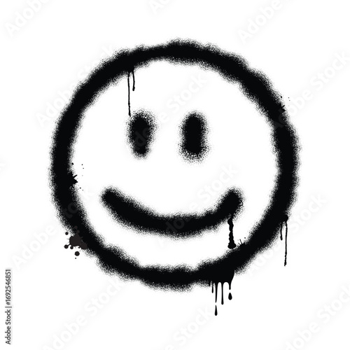 Graffiti smiley face spray paint effect with drips and splatters. Urban street art icon, grunge happy emoticon vector illustration 