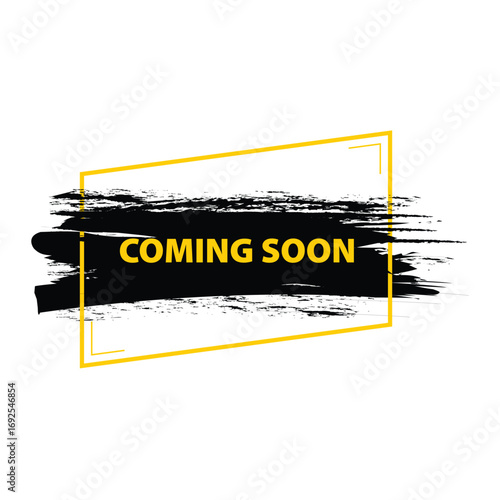 Black paint smear rectangle with angular yellow border and strong headline. Minimal advertising badge for teaser promotions