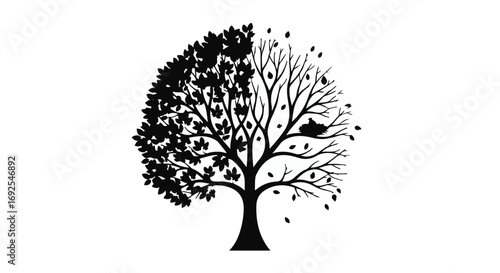 Symbolic tree split between lush summer foliage and bare winter branches, representing seasons and change.