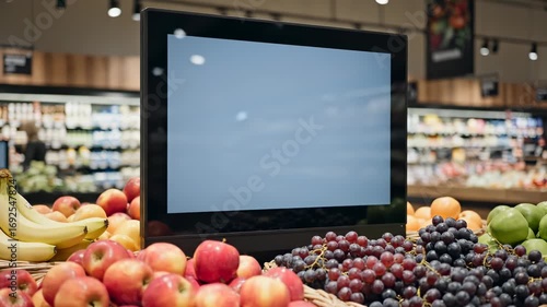 A display screen stands amidst a vibrant array of fresh fruits in a grocery store.