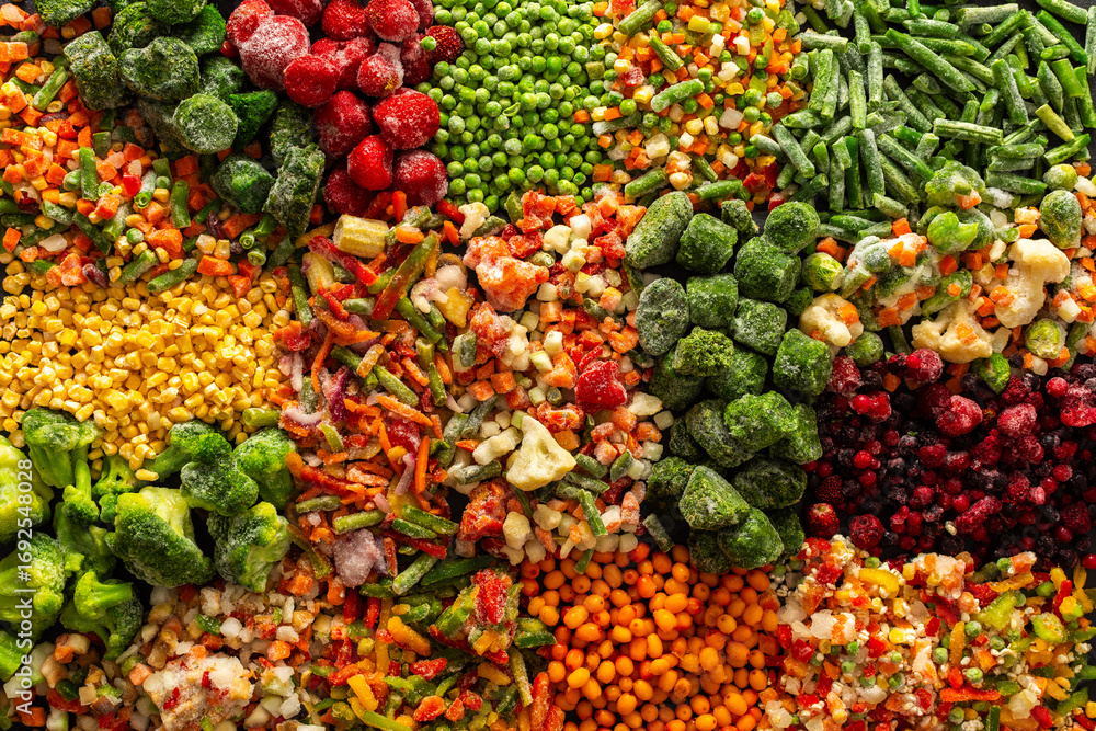 Fototapeta premium A vivid display of frozen fruits and vegetables in a colorful arrangement, illustrating the process of preserving healthy, seasonal produce for winter, promoting a healthy diet