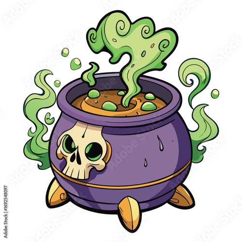 Cartoon cauldron with skull decoration and bubbling green potion on a white background witch magic