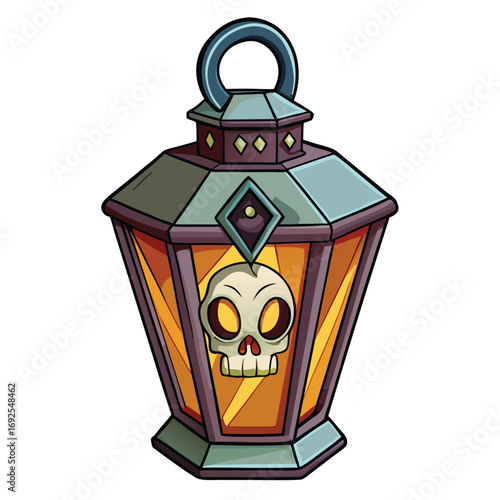 Cartoon Halloween lantern with a skull design and glowing orange light on a white background lamp