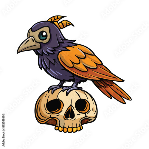 Cartoon raven with horns perched on a stylized skull with orange accents on a white background bird