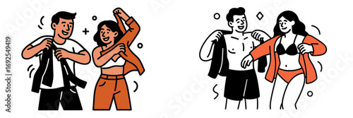 Minimalist character design of a young couple changing from casual clothes to swimwear for a beach day vacation concept