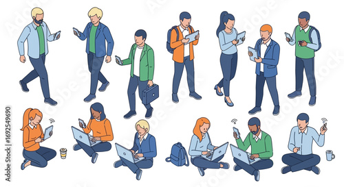 Isometric people and gadgets. Young men and women characters with smartphones and gadgets. Vector modern freelance business people on white background