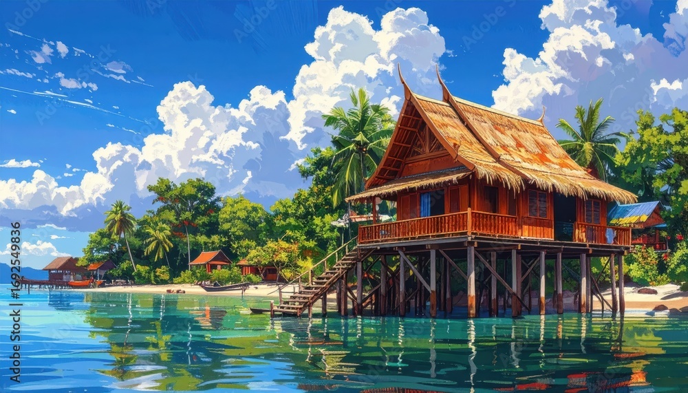 Obraz premium A vibrant tropical beach scene showcases a collection of rustic wooden stilt houses nestled among lush greenery, reflecting beautifully in the calm turquoise water beneath a bright, cloud-filled sky.