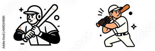 Collection of cartoon baseball player icons featuring a batter swinging and a player holding a bat in monochrome and color variations