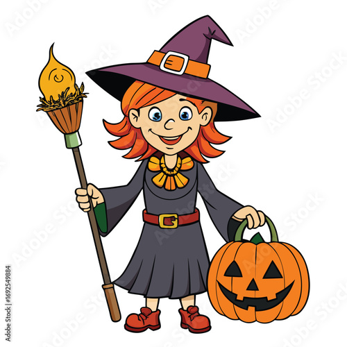 Cartoon Witch Holding Pumpkin And Broomstick On White Background halloween costume
